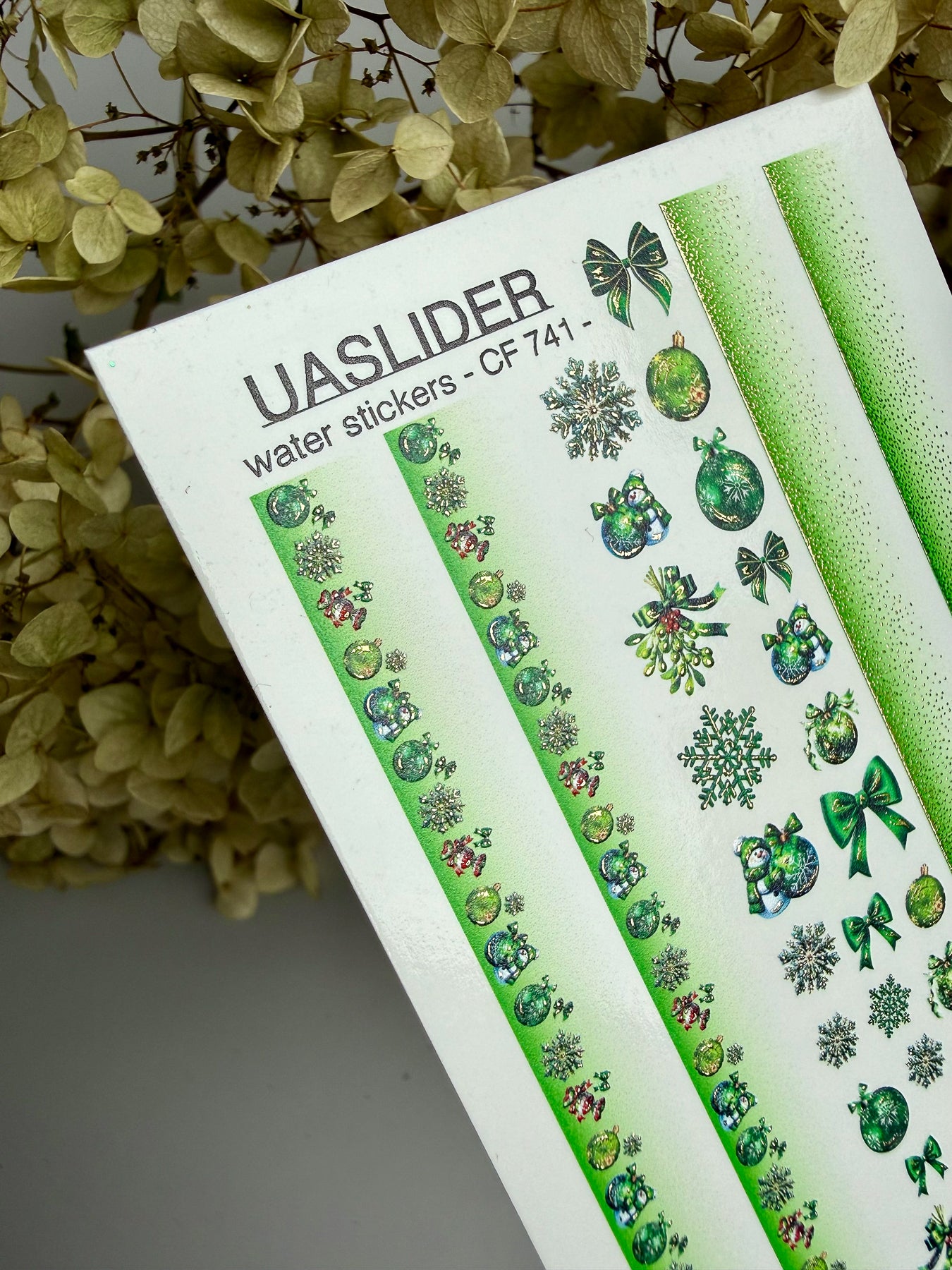 Nail Water Decal CF-741 | Water Slide Nail Decals | Green Christmas Ornaments & Snowflake Stripes