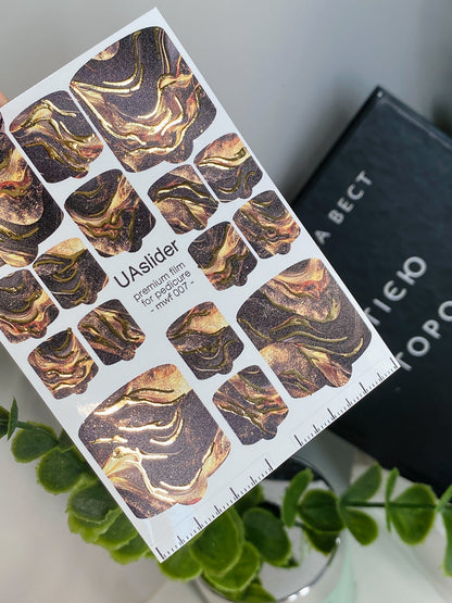 Pedicure nail wrap films mwf-007 | Nail Wrap Films for Pedicure | Black Bronze Marble with Gold Foil