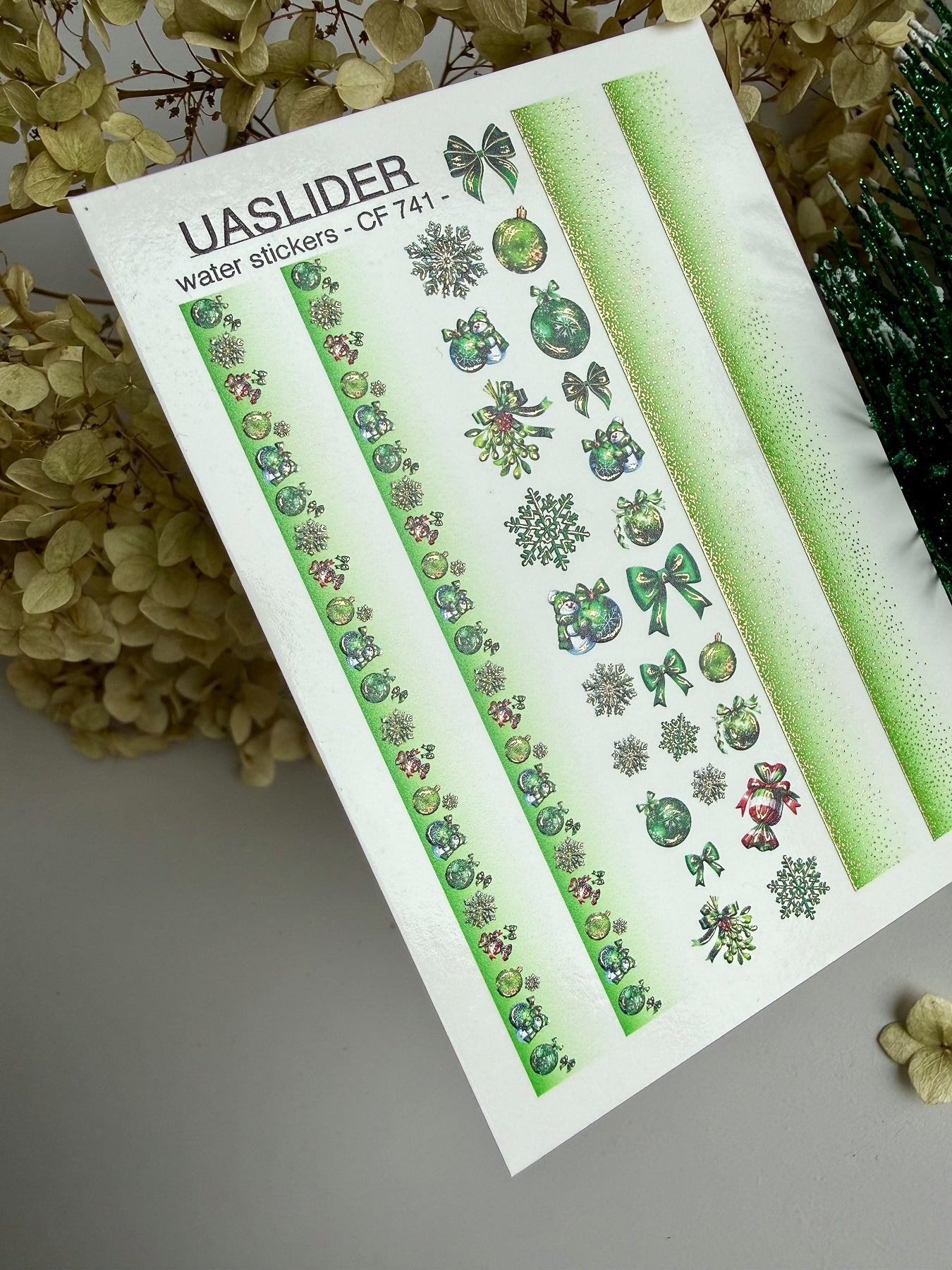Nail Water Decal CF-741 | Water Slide Nail Decals | Green Christmas Ornaments & Snowflake Stripes