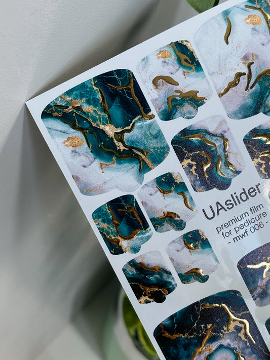 Pedicure nail wrap films mwf-006 | Nail Wrap Films for Pedicure | Emerald Marble with Gold Foil