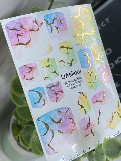 Pedicure nail wrap films mwf-005 | Nail Wrap Films for Pedicure | Pastel Rainbow Marble with Gold Foil