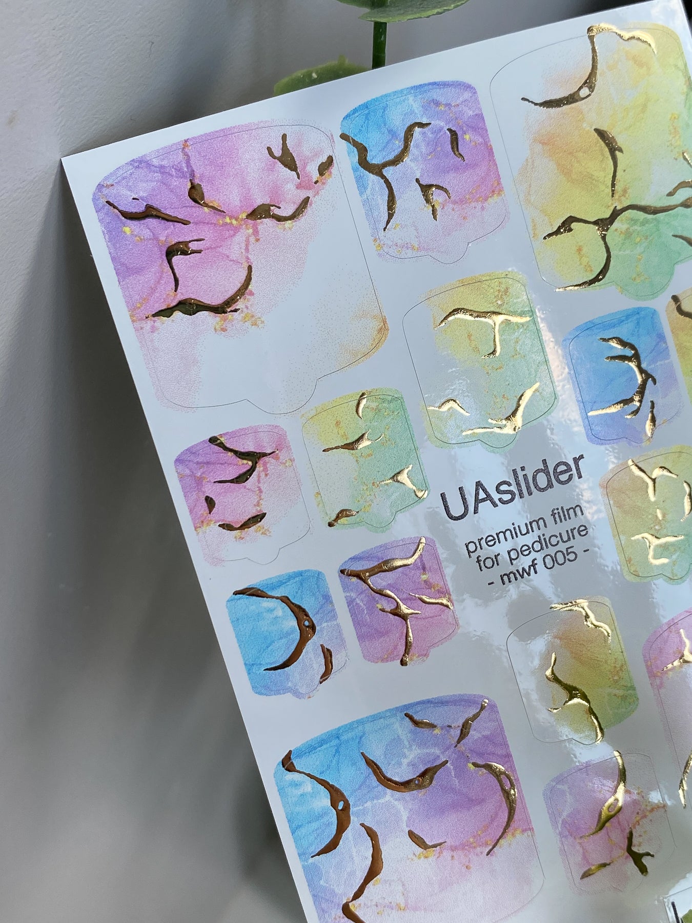 Pedicure nail wrap films mwf-005 | Nail Wrap Films for Pedicure | Pastel Rainbow Marble with Gold Foil