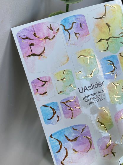 Pedicure nail wrap films mwf-005 | Nail Wrap Films for Pedicure | Pastel Rainbow Marble with Gold Foil