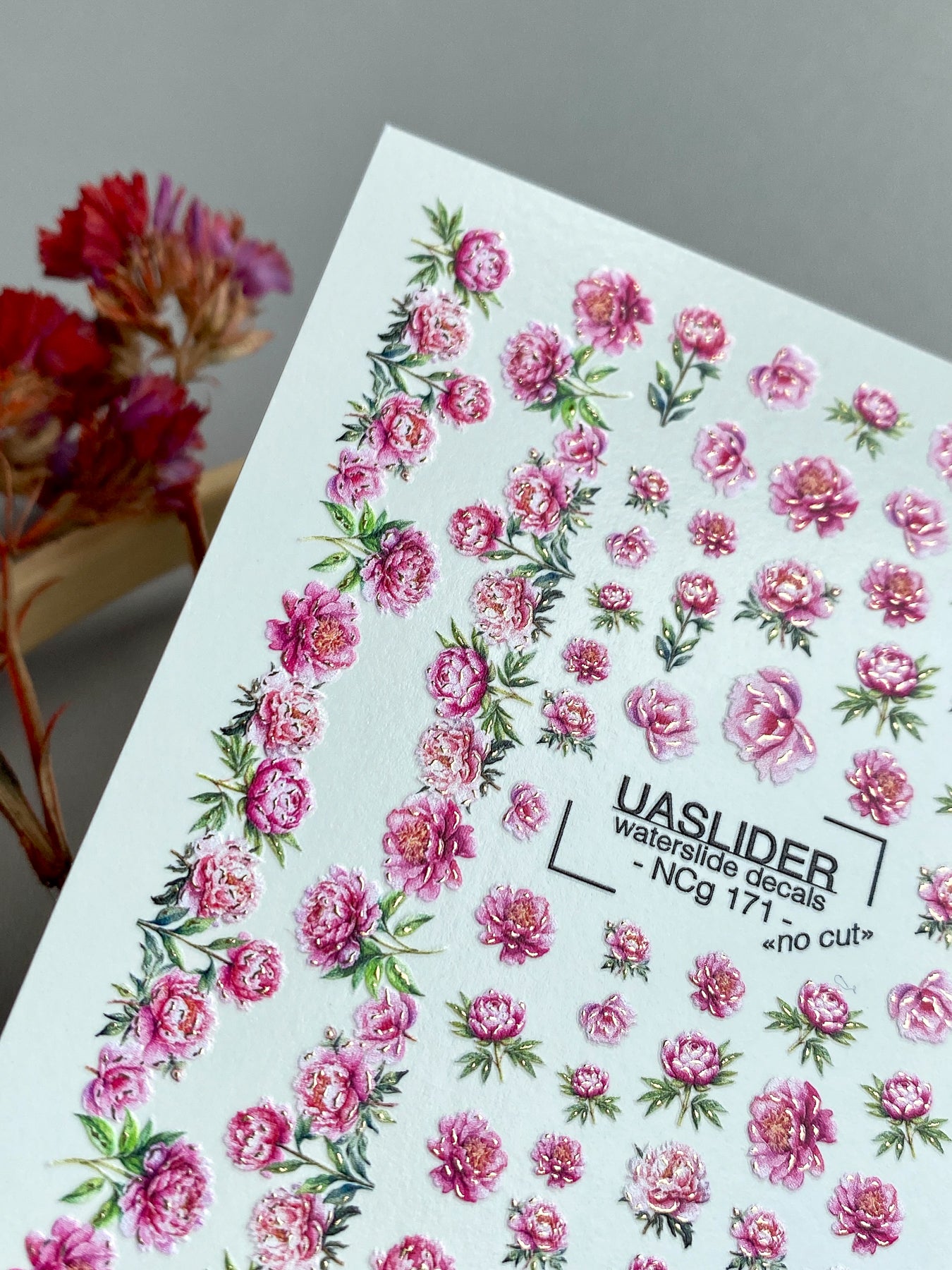 Peony Nail Decals — Pink Floral Bouquets & Gold Foil | NCg-171