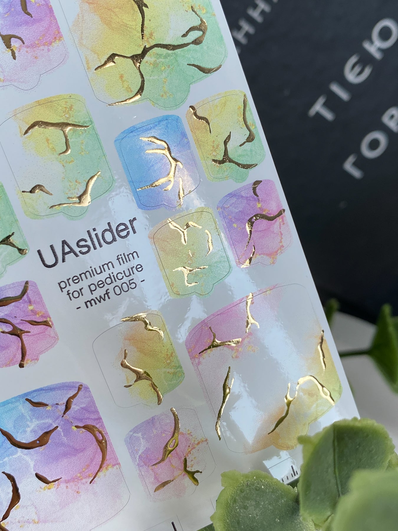 Pedicure nail wrap films mwf-005 | Nail Wrap Films for Pedicure | Pastel Rainbow Marble with Gold Foil