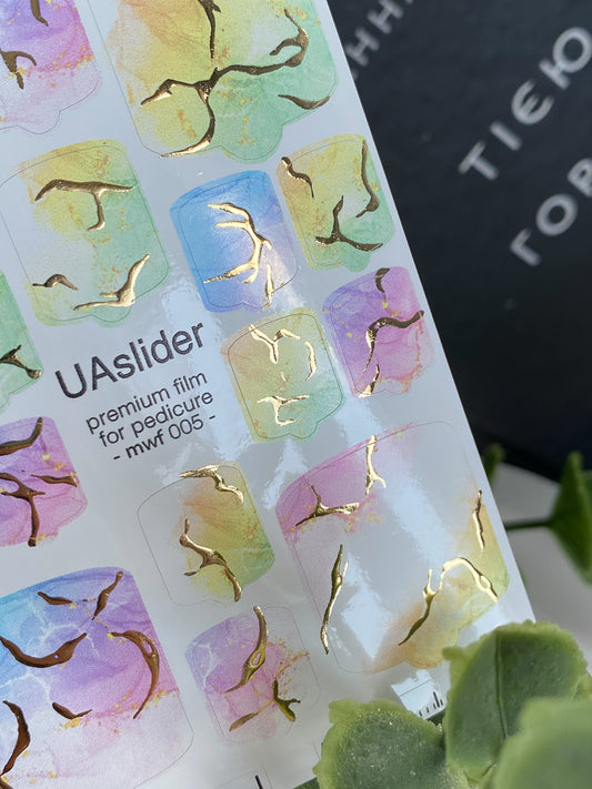 Pedicure nail wrap films mwf-005 | Nail Wrap Films for Pedicure | Pastel Rainbow Marble with Gold Foil