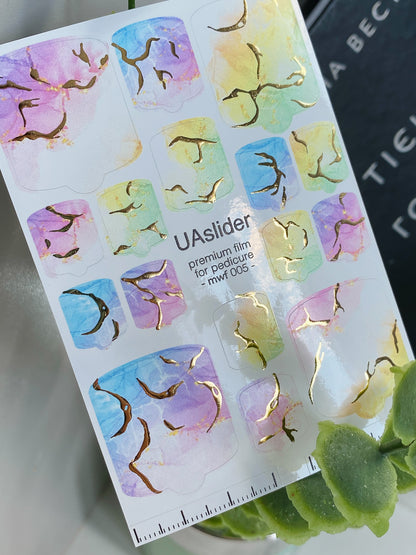 Pedicure nail wrap films mwf-005 | Nail Wrap Films for Pedicure | Pastel Rainbow Marble with Gold Foil