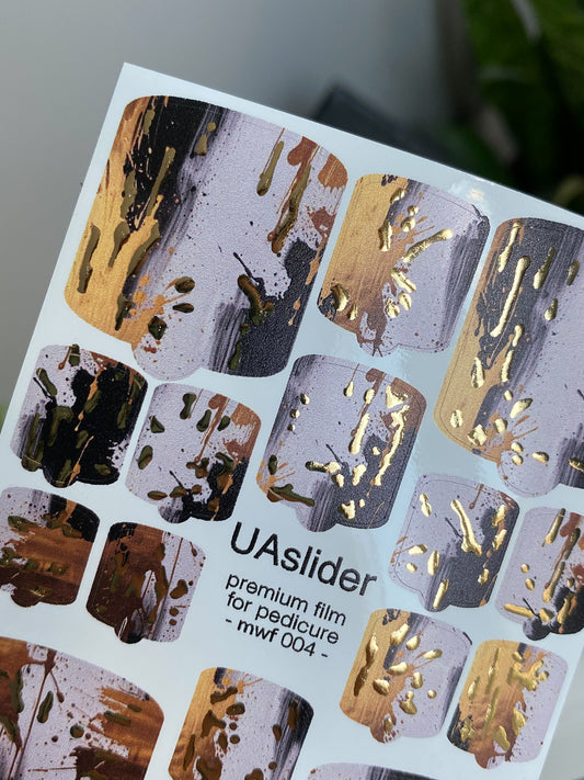 Pedicure nail wrap films mwf-004 | Nail Wrap Films for Pedicure | Abstract Brush Strokes with Gold Foil