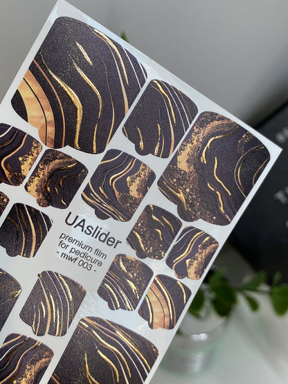 Pedicure nail wrap films mwf-003 | Nail Wrap Films for Pedicure | Black Marble with Gold Foil