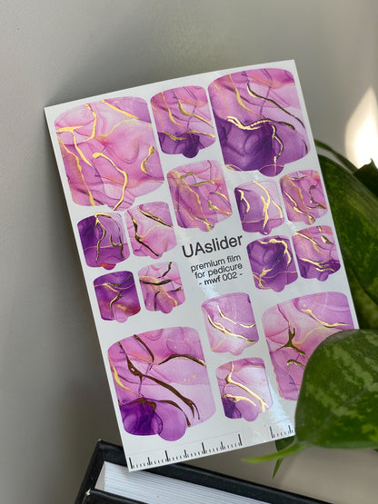 Pedicure nail wrap films mwf-002 | Nail Wrap Films for Pedicure | Purple Pink Marble with Gold Foil