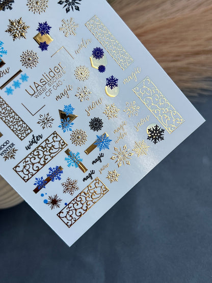 Adesivo para Unhas CF-040 | Adesivos para Unhas de Deslizamento na Água de Inverno | Flocos de Neve Azuis e Enfeites de Folha Dourada