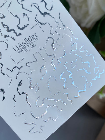 Nail Water Decal Fs-240 | Abstract Water Slide Nail Decals | Silver Foil Waves & Lines