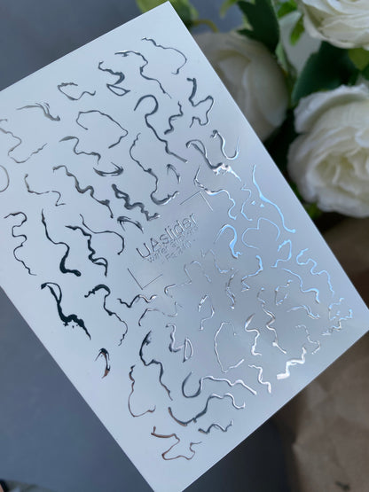 Nail Water Decal Fs-240 | Abstract Water Slide Nail Decals | Silver Foil Waves & Lines