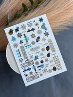 Nail Water Decal CF-040 | Winter Water Slide Nail Decals | Blue Snowflakes & Gold Foil Ornaments - UASLIDER