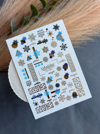 Adesivo para Unhas CF-040 | Adesivos para Unhas de Deslizamento na Água de Inverno | Flocos de Neve Azuis e Enfeites de Folha Dourada