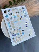 Nail Water Decal CF-040 | Winter Water Slide Nail Decals | Blue Snowflakes & Gold Foil Ornaments - UASLIDER
