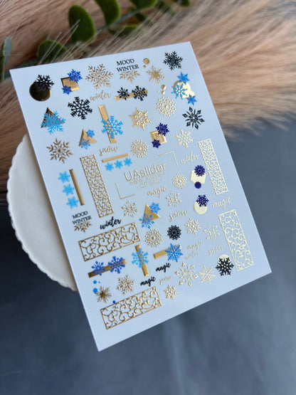 Adesivo para Unhas CF-040 | Adesivos para Unhas de Deslizamento na Água de Inverno | Flocos de Neve Azuis e Enfeites de Folha Dourada