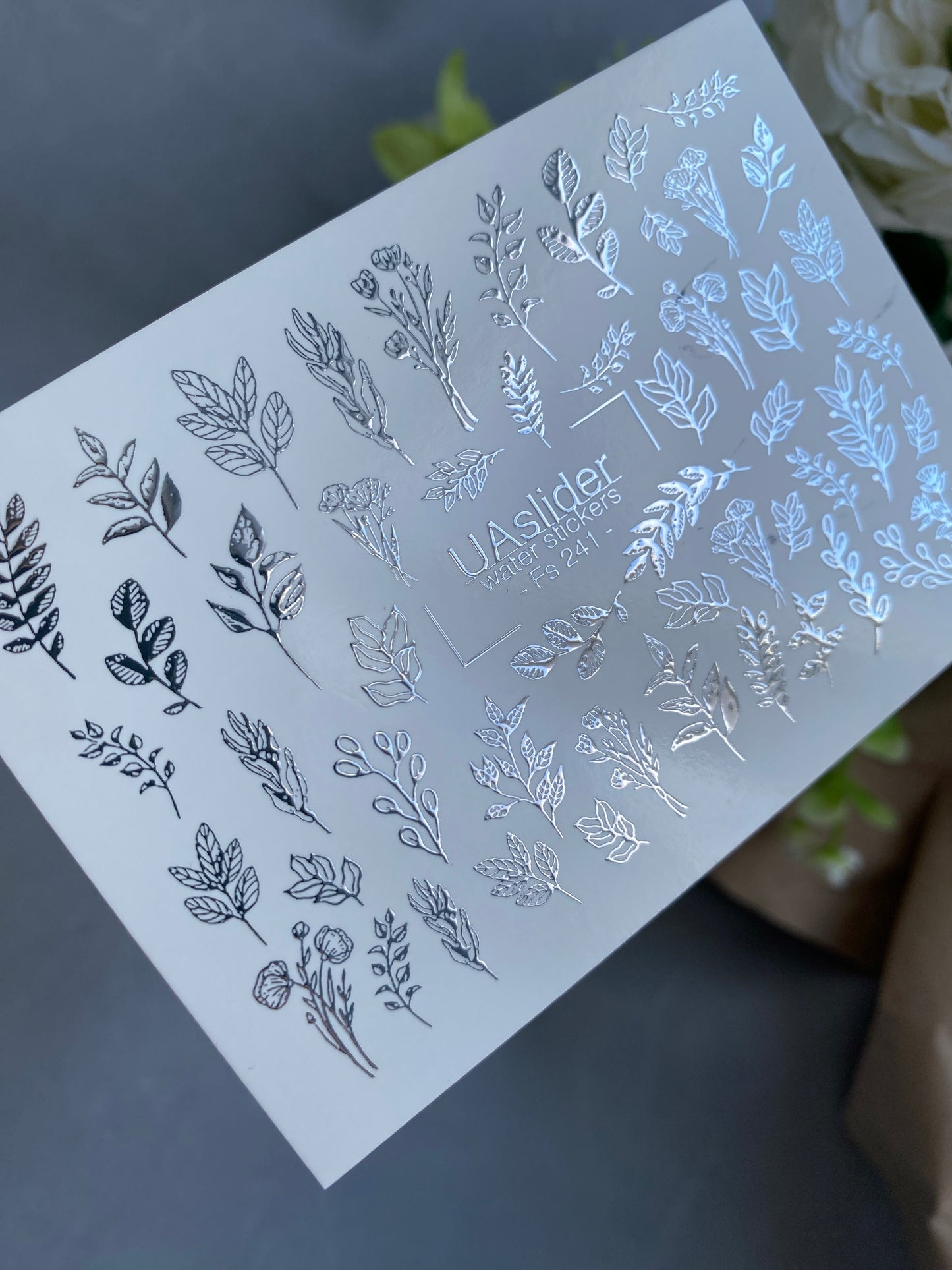 Nail Water Decal Fs-241 | Botanical Water Slide Nail Decals | Silver Foil Leaves & Branches