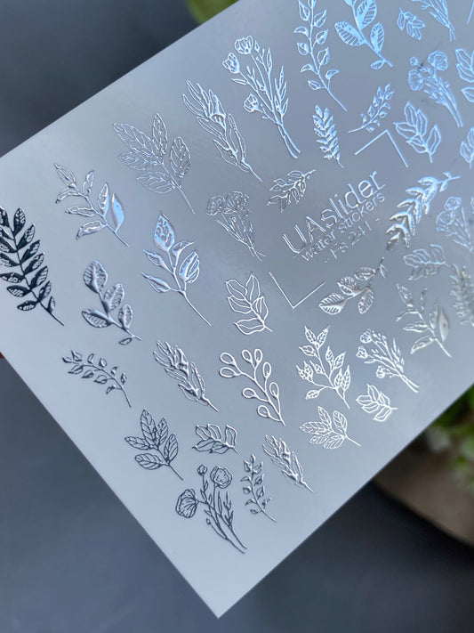 Nail Water Decal Fs-241 | Botanical Water Slide Nail Decals | Silver Foil Leaves & Branches