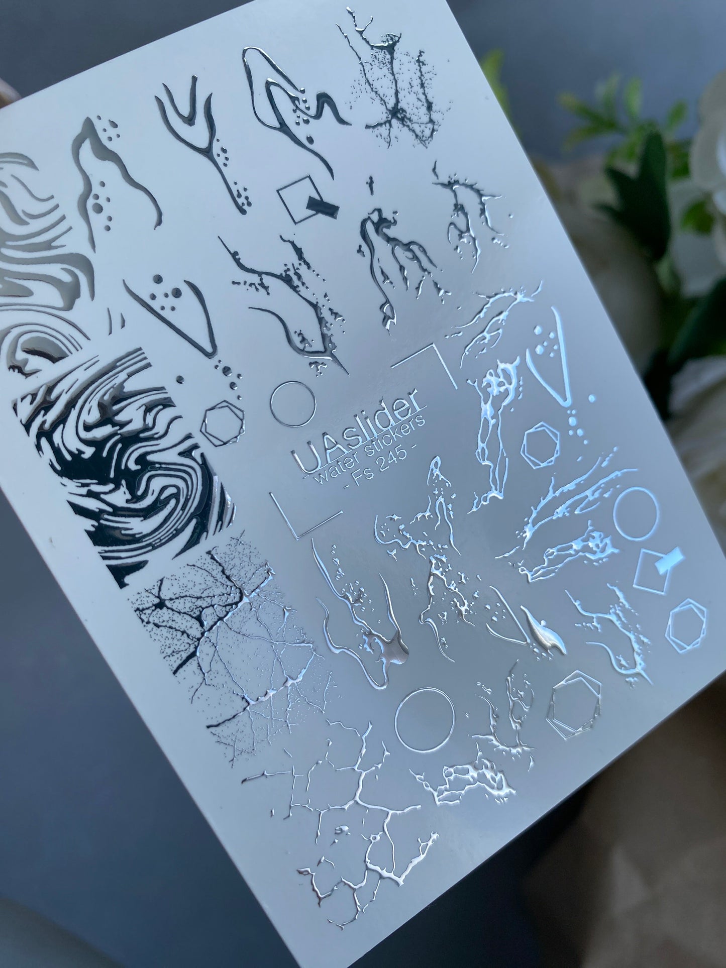 Nail Water Decal Fs-245 | Abstract Water Slide Nail Decals | Silver Foil Marble & Crackle Designs