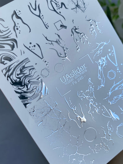 Nail Water Decal Fs-245 | Abstract Water Slide Nail Decals | Silver Foil Marble & Crackle Designs
