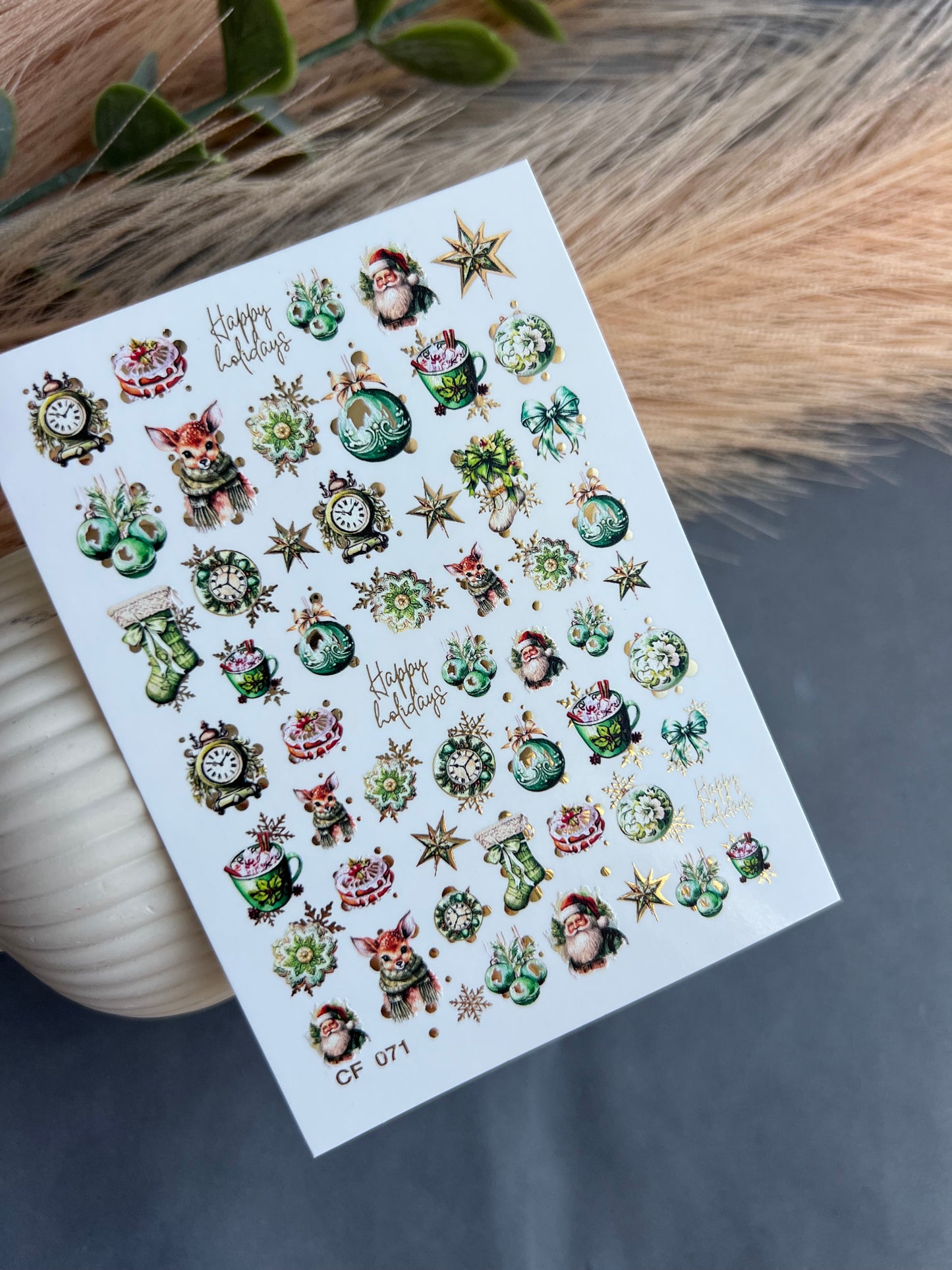 Nail Water Decal CF-071 | Christmas Water Slide Nail Decals | Santa Claus, Deer, Ornaments and Festive Nail Art