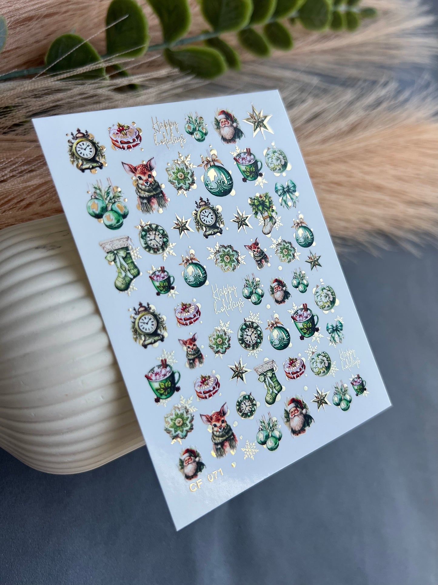 Nail Water Decal CF-071 | Christmas Water Slide Nail Decals | Santa Claus, Deer, Ornaments and Festive Nail Art