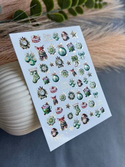 Nail Water Decal CF-071 | Christmas Water Slide Nail Decals | Santa Claus, Deer, Ornaments and Festive Nail Art