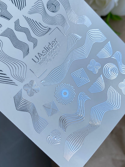 Nail Water Decal Fs-242 | Abstract Water Slide Nail Decals | Silver Foil Waves & Geometric Lines