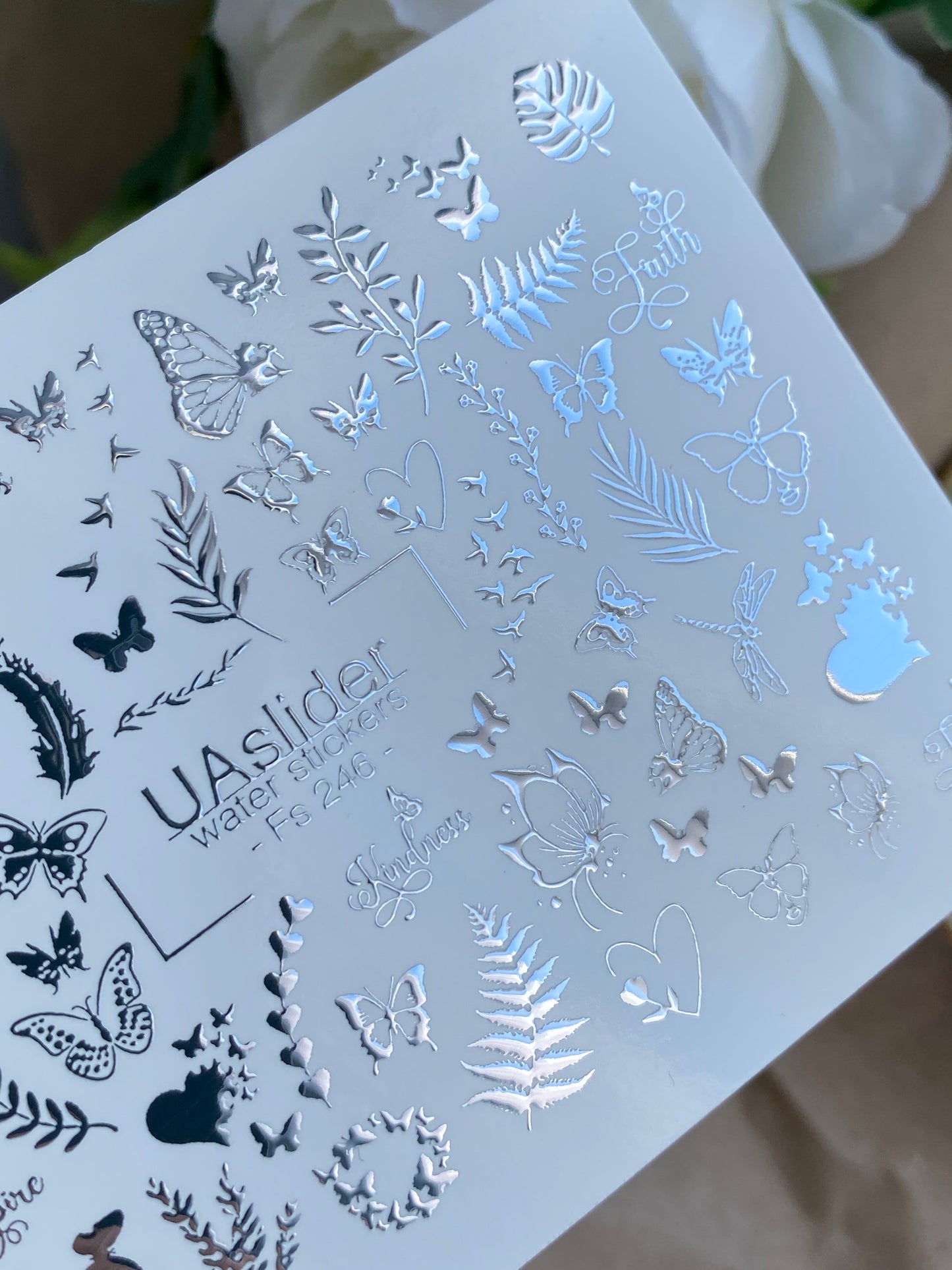 Nail Water Decal Fs-246 | Butterfly Water Slide Nail Decals | Silver Foil Leaves & Inspirational Words