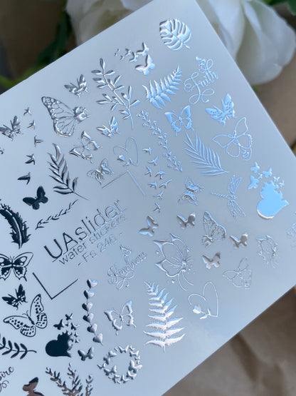 Nail Water Decal Fs-246 | Butterfly Water Slide Nail Decals | Silver Foil Leaves & Inspirational Words