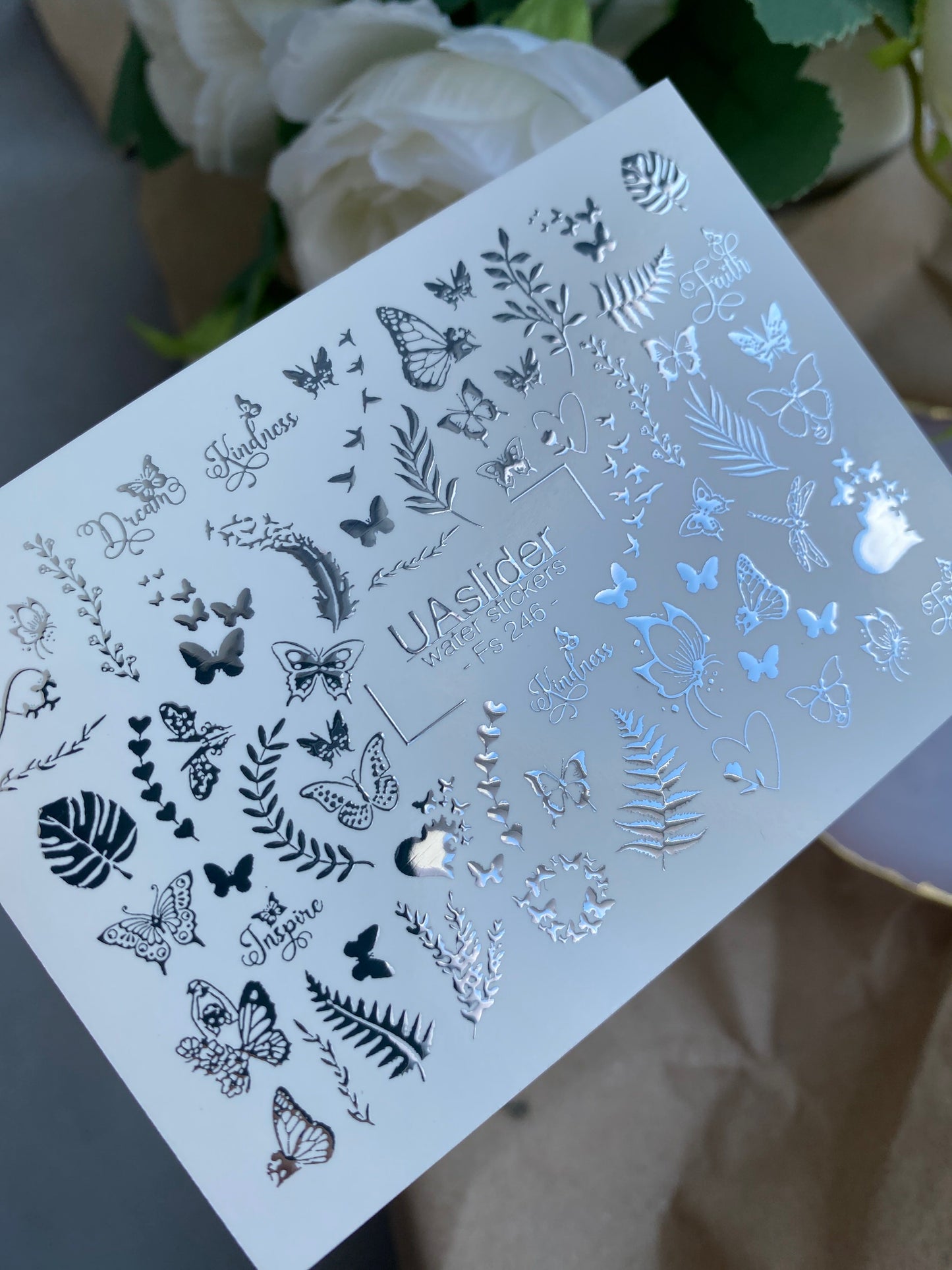 Nail Water Decal Fs-246 | Butterfly Water Slide Nail Decals | Silver Foil Leaves & Inspirational Words