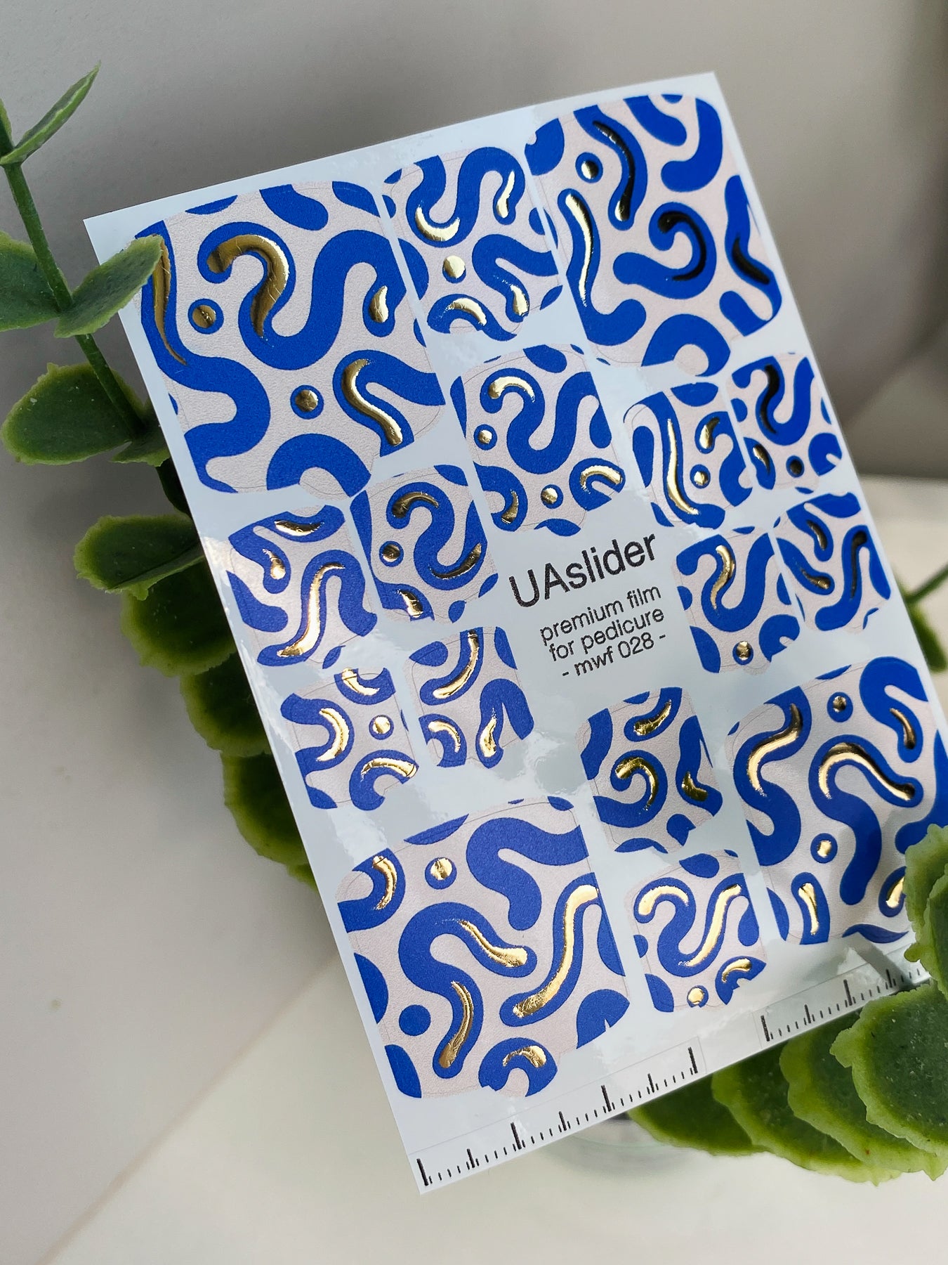 Pedicure nail wrap films mwf-028 | Nail Wrap Films for Pedicure | Blue Abstract Waves with Gold Foil