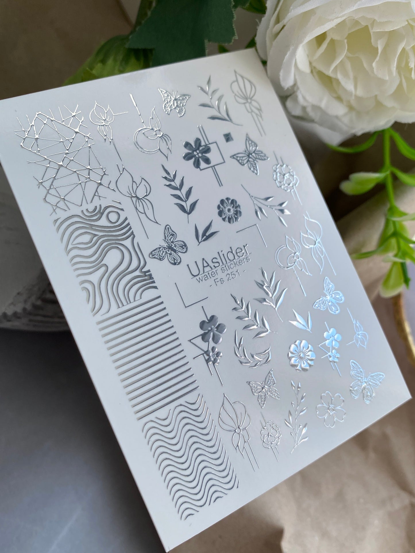 Nail Water Decal Fs-251 | Mixed Water Slide Nail Decals | Silver Foil Flowers, Butterflies & Abstract Lines