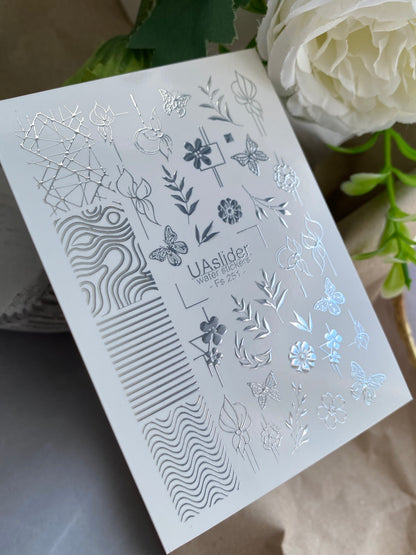 Nail Water Decal Fs-251 | Mixed Water Slide Nail Decals | Silver Foil Flowers, Butterflies & Abstract Lines
