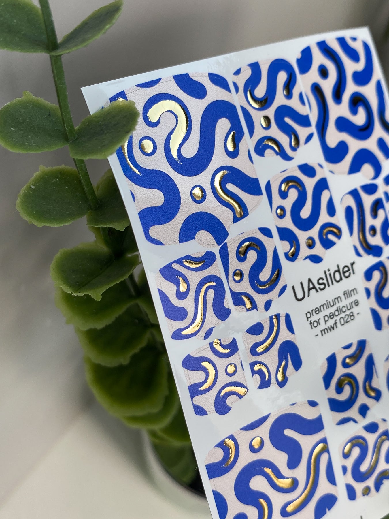 Pedicure nail wrap films mwf-028 | Nail Wrap Films for Pedicure | Blue Abstract Waves with Gold Foil