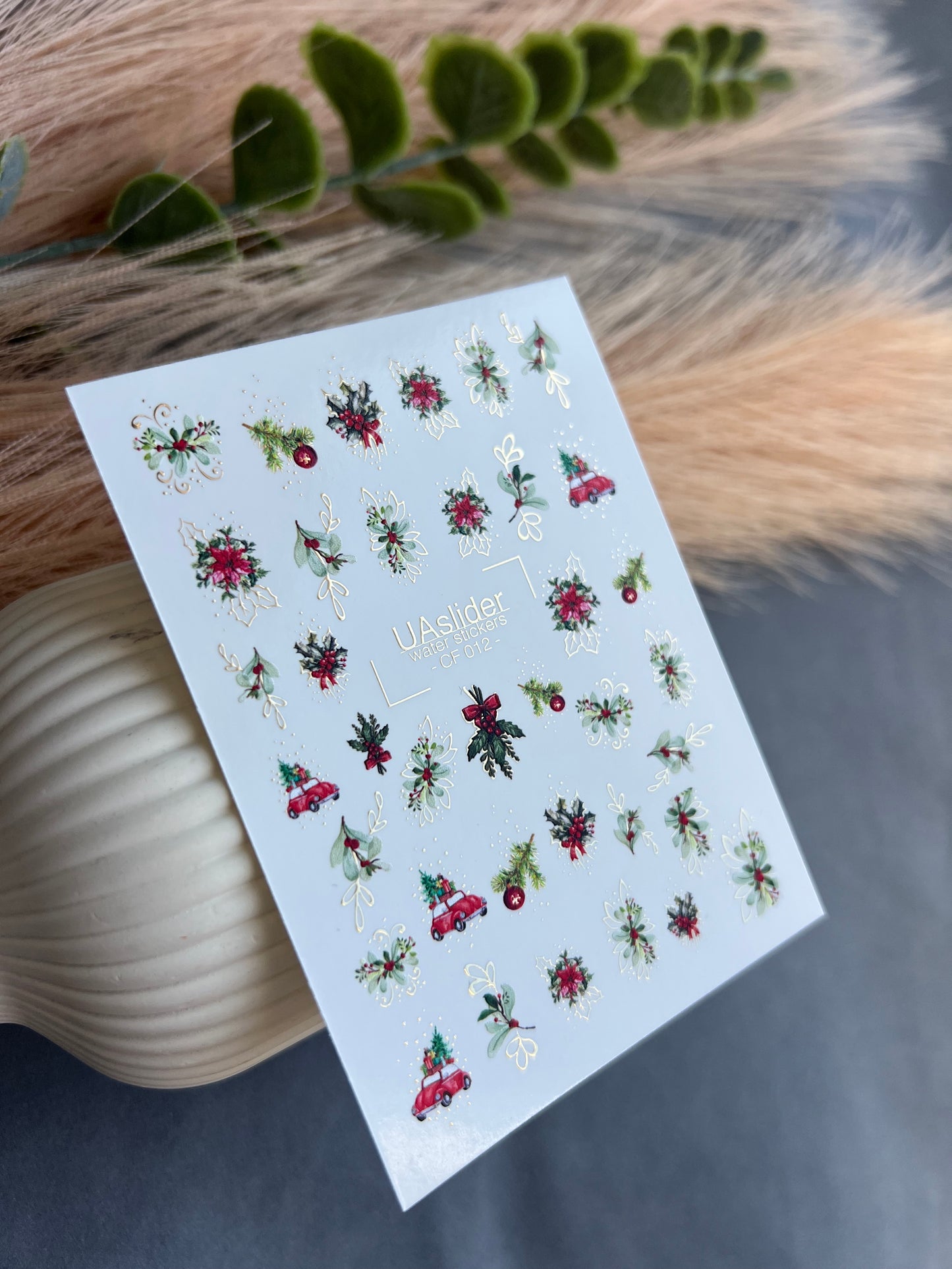 Nail Water Decal CF-012 | Christmas Water Slide Nail Decals, Holly Leaves, Red Car and Festive Greenery