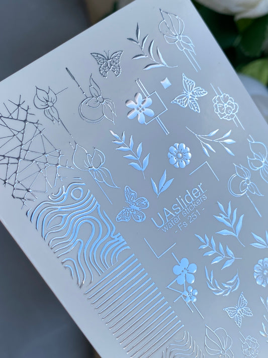 Nail Water Decal Fs-251 | Mixed Water Slide Nail Decals | Silver Foil Flowers, Butterflies & Abstract Lines