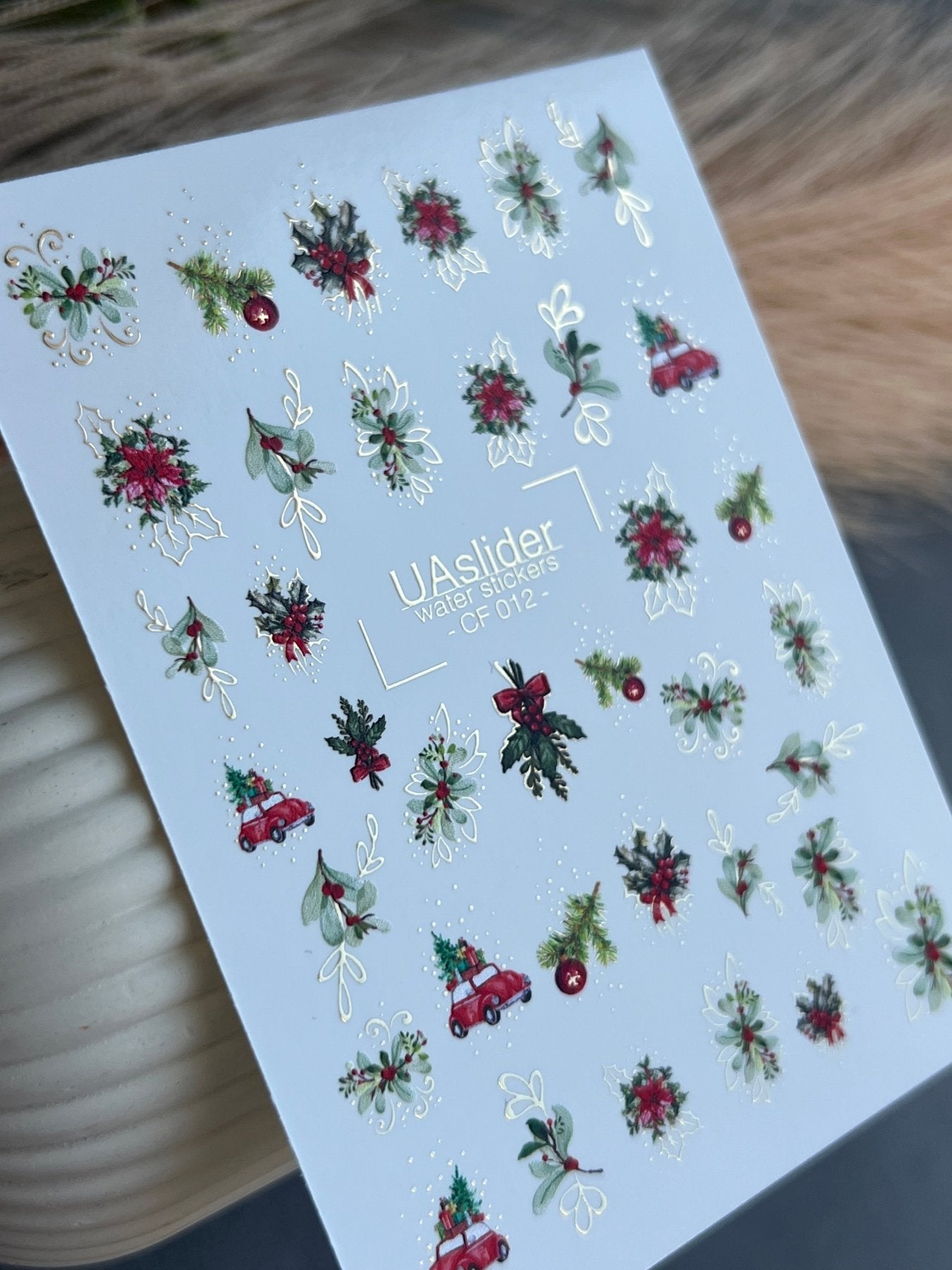 Nail Water Decal CF-012 | Christmas Water Slide Nail Decals, Holly Leaves, Red Car and Festive Greenery - UASLIDER