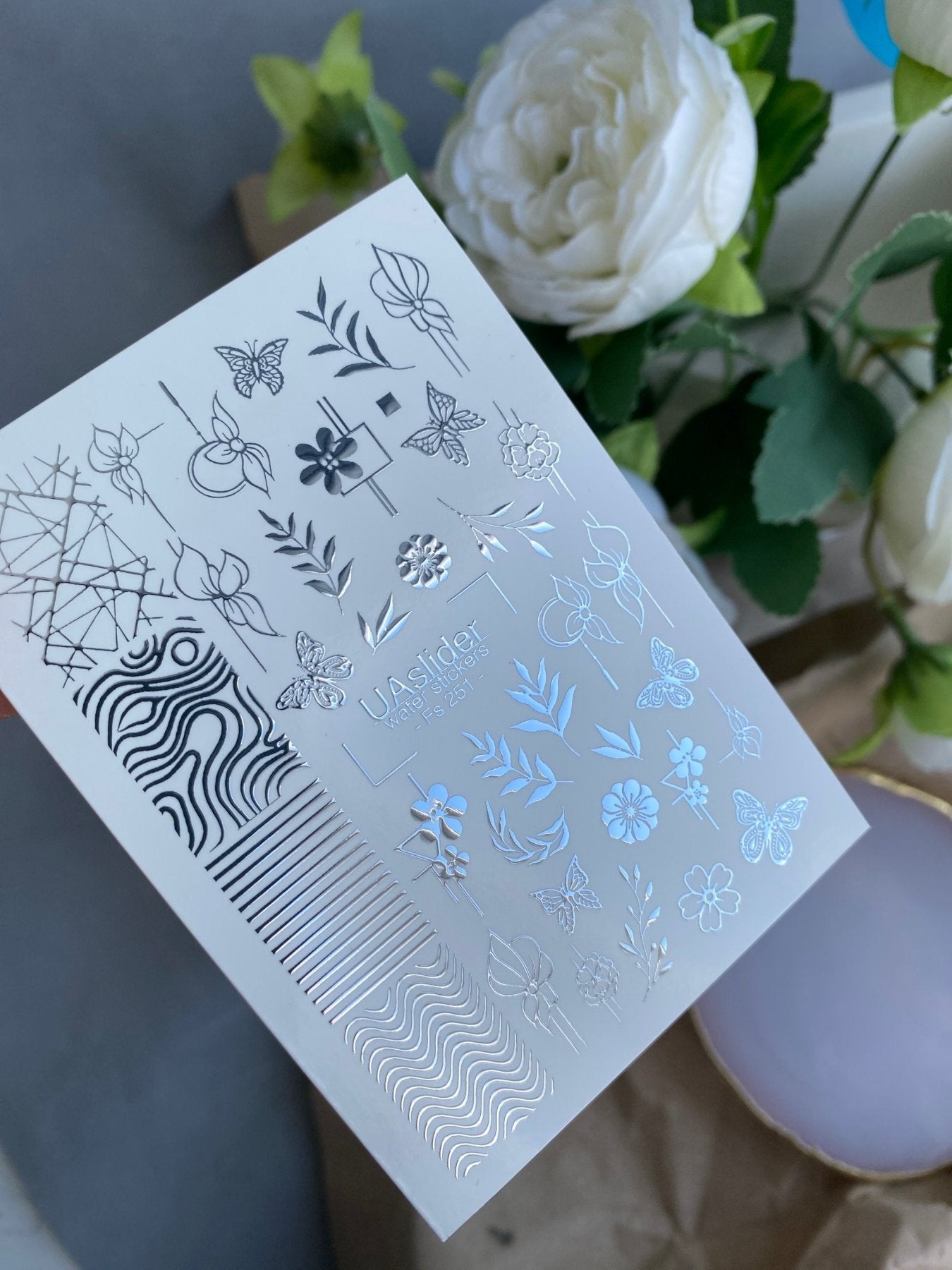 Nail Water Decal Fs-251 | Mixed Water Slide Nail Decals | Silver Foil Flowers, Butterflies & Abstract Lines - UASLIDER