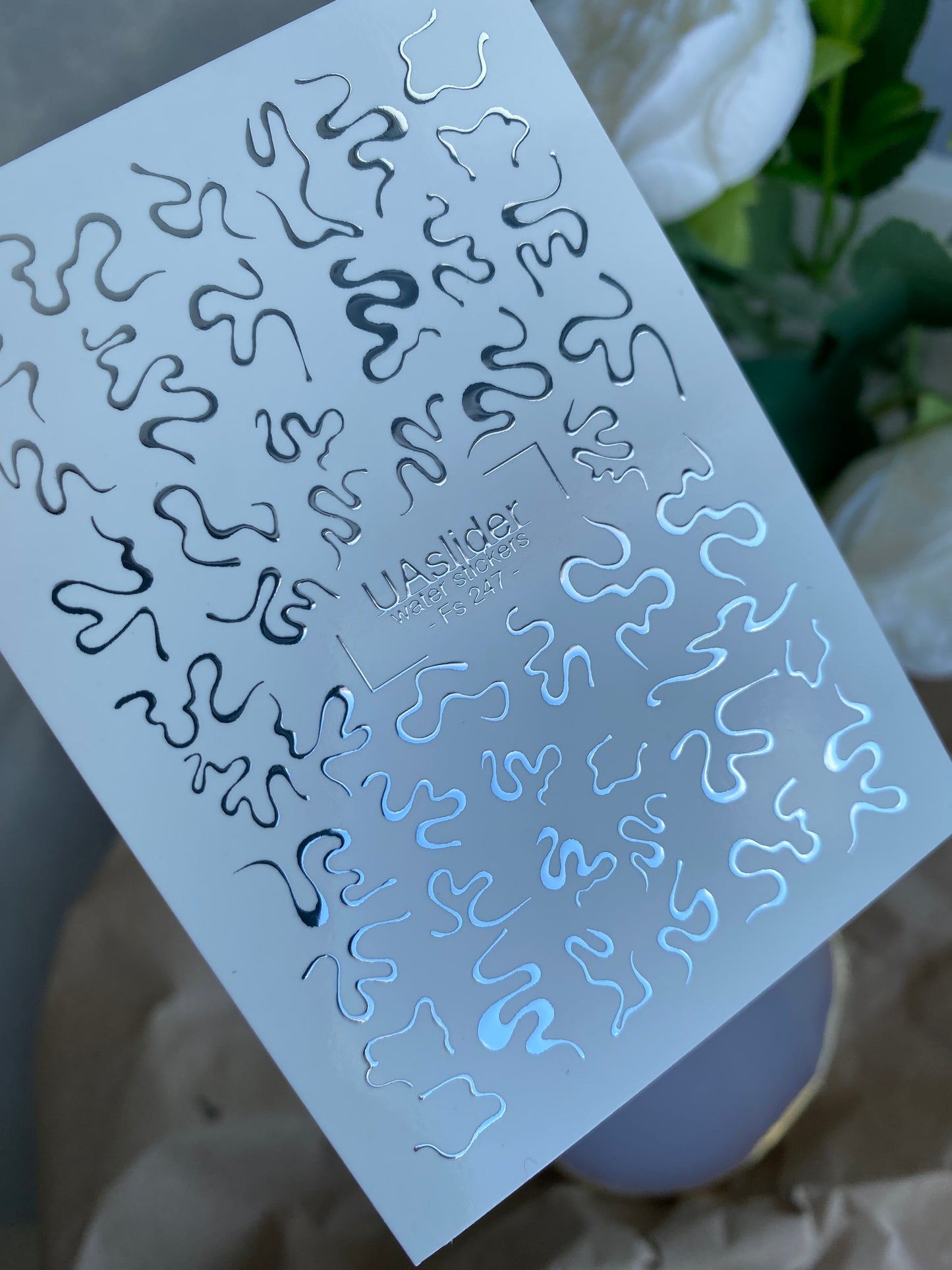 Nail Water Decal Fs-247 | Abstract Water Slide Nail Decals | Silver Foil Wavy Lines