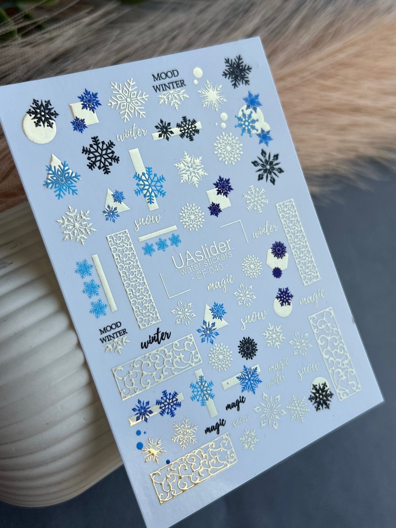 Nail Water Decal CF-040 | Winter Water Slide Nail Decals | Blue Snowflakes & Gold Foil Ornaments - UASLIDER