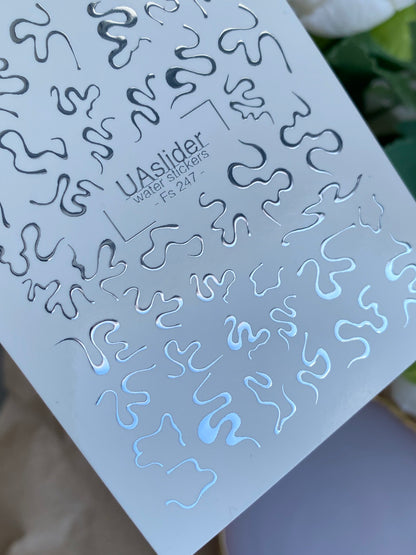 Nail Water Decal Fs-247 | Abstract Water Slide Nail Decals | Silver Foil Wavy Lines