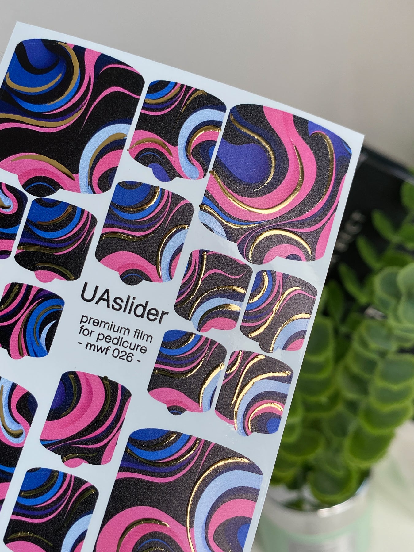 Pedicure nail wrap films mwf-026 | Nail Wrap Films for Pedicure | Retro Swirl Pink & Blue with Gold Foil