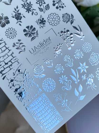 Nagel Wasserabziehbild Fs-249 | Gemischte Wasser-Schiebefolien Nagelabziehbilder | Silberfolie Blumen & Strukturmuster