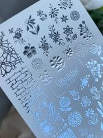 Nail Water Decal Fs-249 | Mixed Water Slide Nail Decals | Silver Foil Flowers & Texture Patterns - UASLIDER