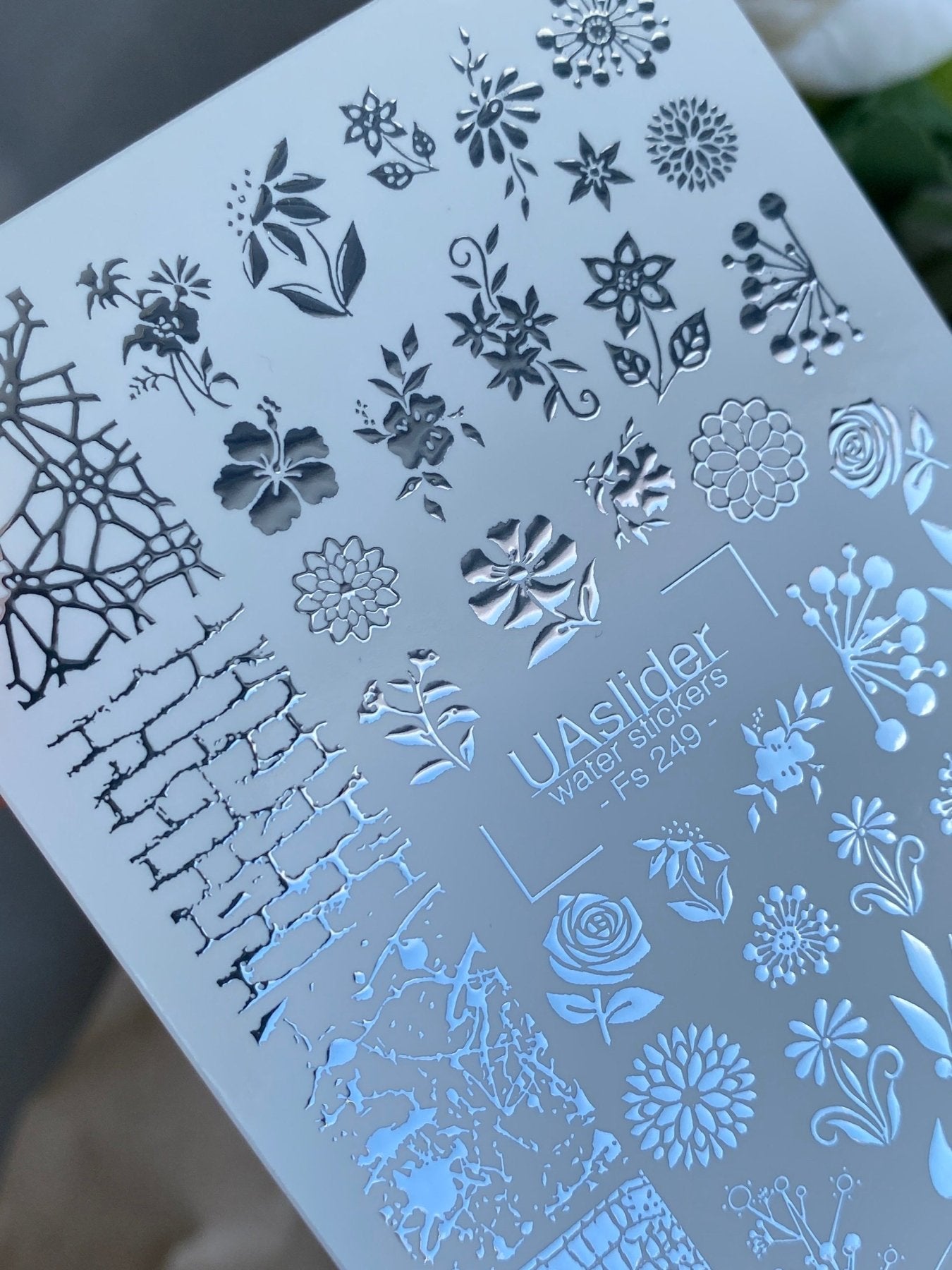 Nail Water Decal Fs-249 | Mixed Water Slide Nail Decals | Silver Foil Flowers & Texture Patterns - UASLIDER