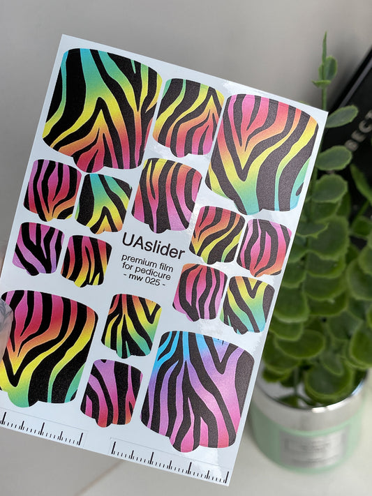 Pedicure nail wrap films mw-025 | Nail Wrap Films for Pedicure | Neon Zebra Gradient Design