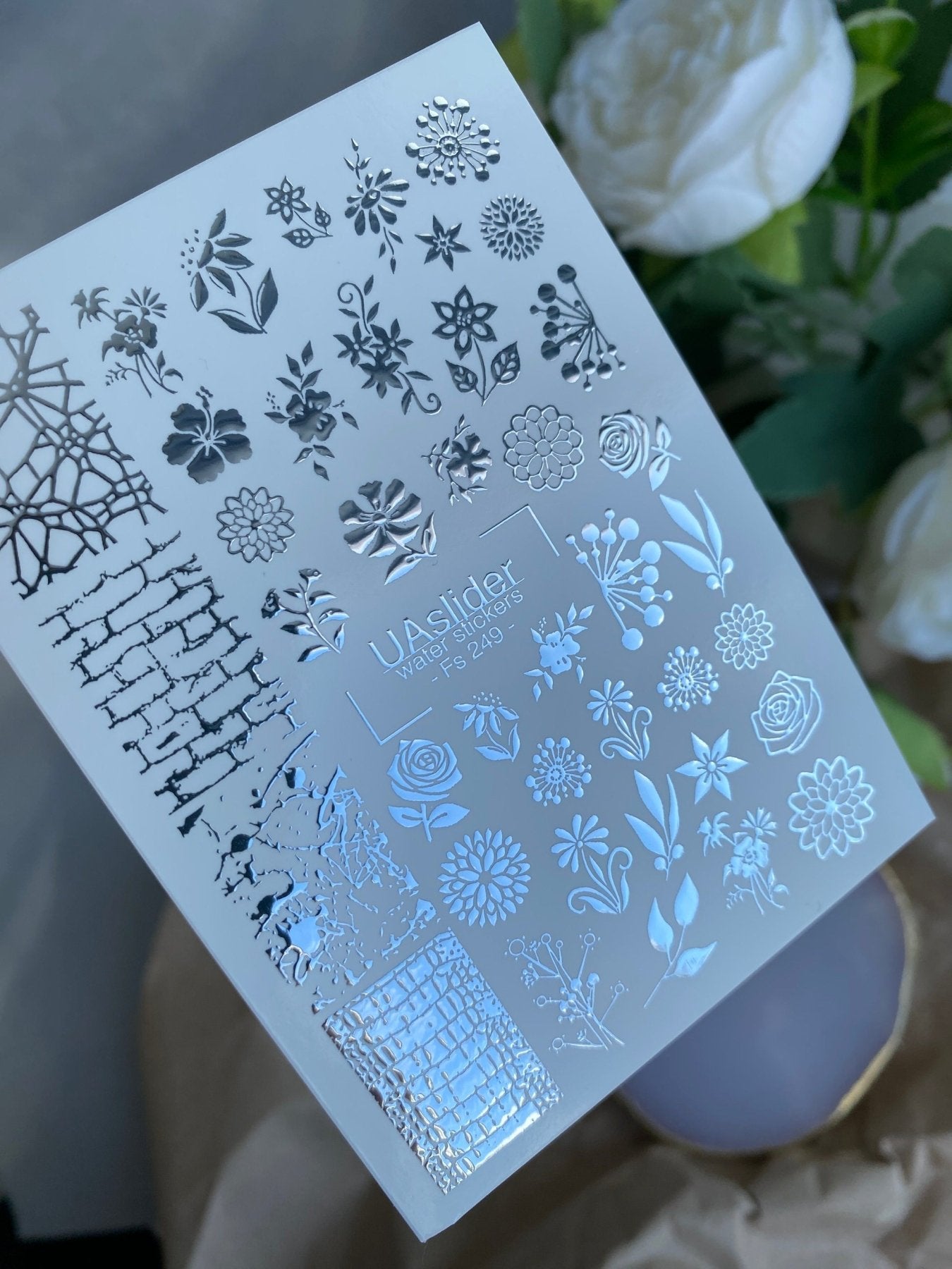 Nail Water Decal Fs-249 | Mixed Water Slide Nail Decals | Silver Foil Flowers & Texture Patterns - UASLIDER