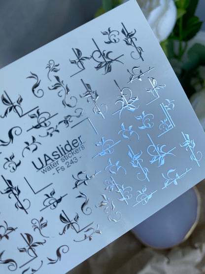 Nail Water Decal Fs-243 | Elegant Water Slide Nail Decals | Silver Foil Floral Ornaments